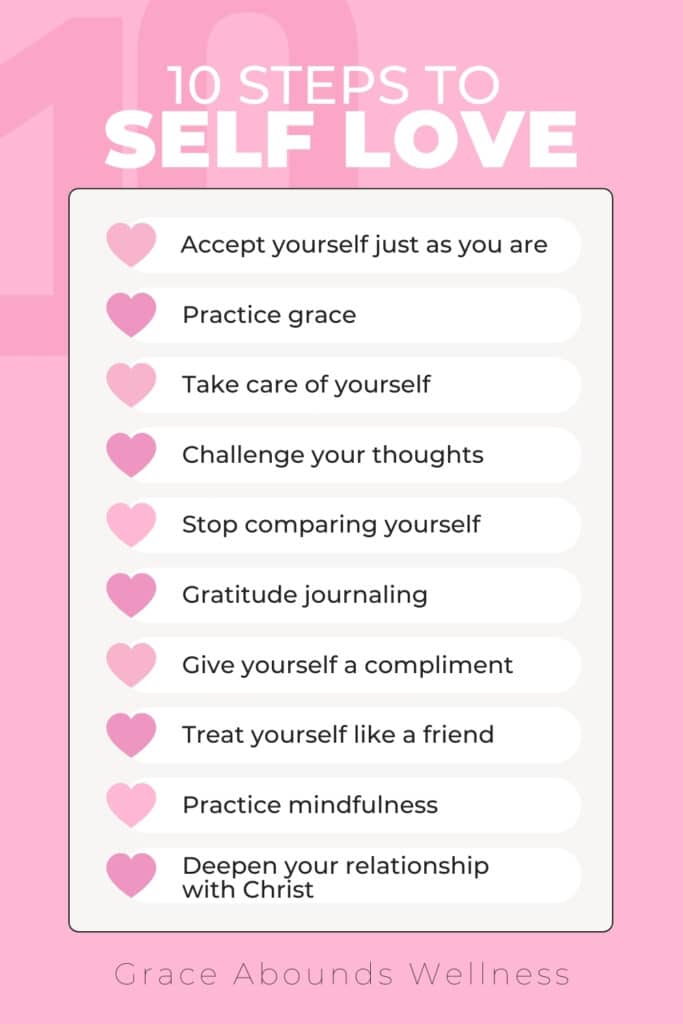 a pink infographic that contain the 10 steps to self love