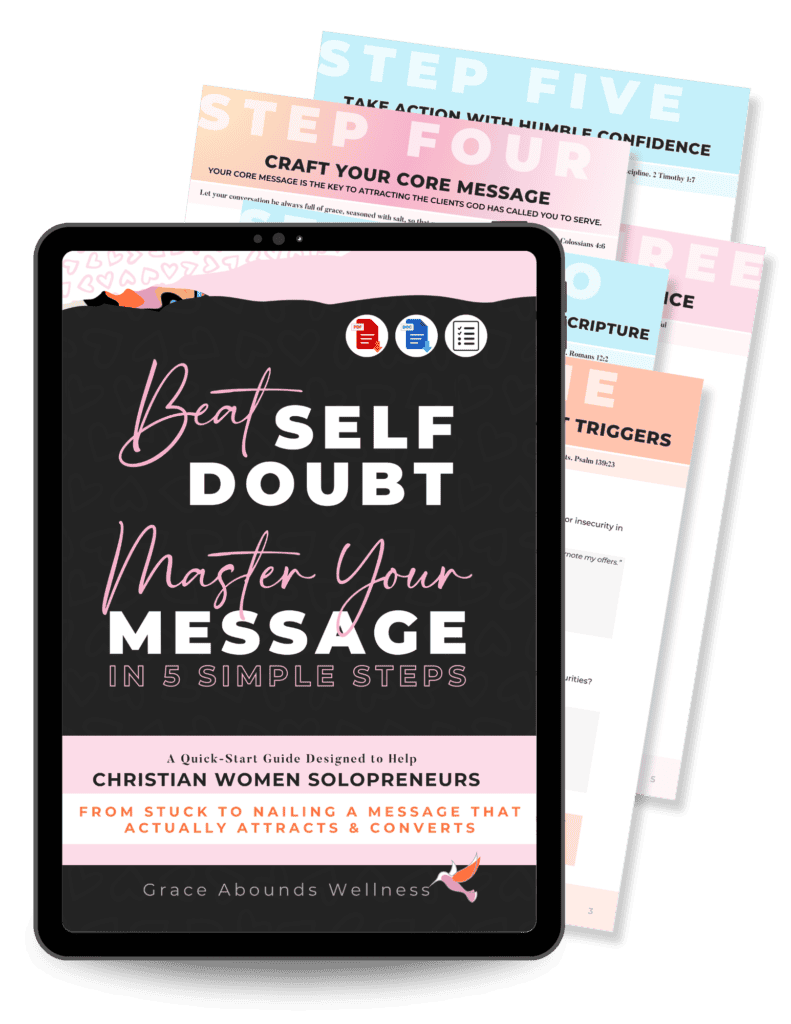 Beat Self Doubt Master Your Message written on a laptop and a few papers