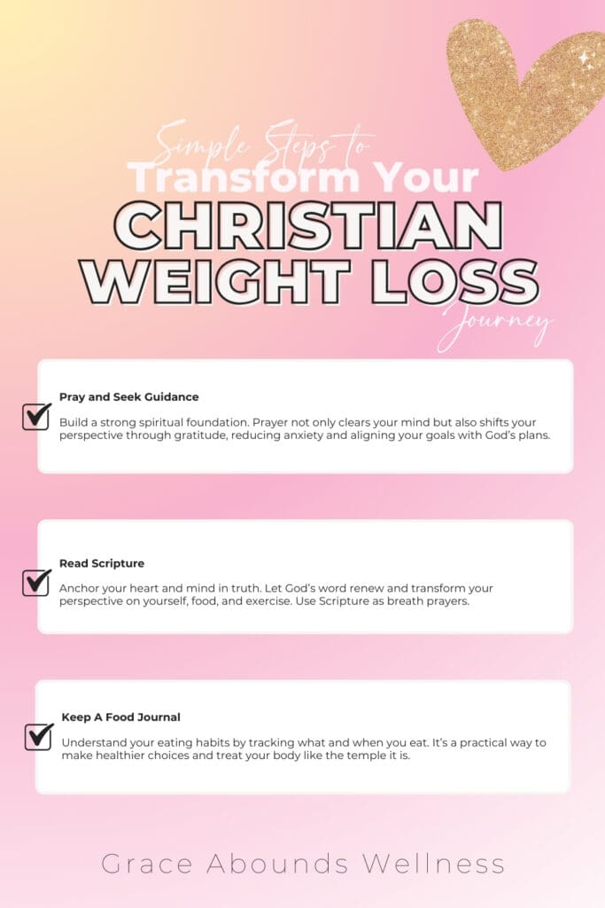 simple steps to transform your christian weight loss journey. Pray and seek guidance. read scripture. keep a food journal.