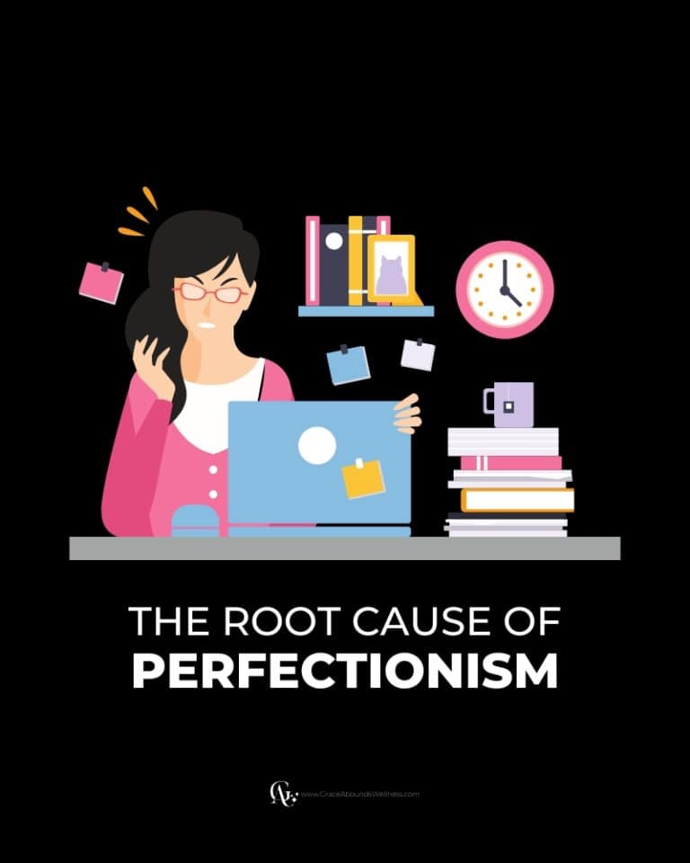 root cause of perfectionism - a busy and stressed woman sitting at a desk